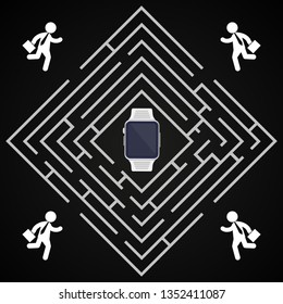 Smartwatch labyrinth - business man run to collect bicycle - who will find it?