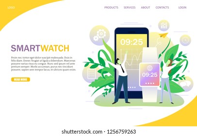 Smartwatch landing page website template. Vector illustration of smartphone and smart watch showing the same time. Smart digital device concept, mobile phone and smartwatch synchronization.