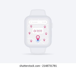 Smartwatch Map GPS navigation app ux ui concept, clock map application, App search map wristwatch, Technology map, City navigate wrist, City street, gps tracking, Location tracker, Vector illustration