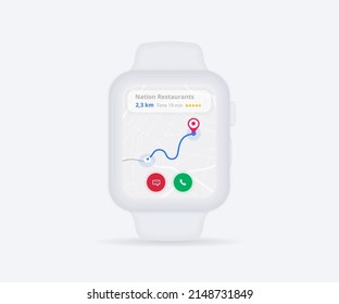 Smartwatch Map GPS navigation app ux ui concept, clock map application, App search map wristwatch, Technology map, City navigate wrist, City street, gps tracking, Location tracker, Vector illustration