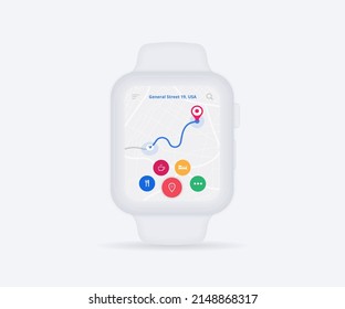 Smartwatch Map GPS navigation app ux ui, clock map fitness application, App search map wristwatch, Technology map, City navigate wrist, City street, gps tracking, Location tracker, Vector illustration