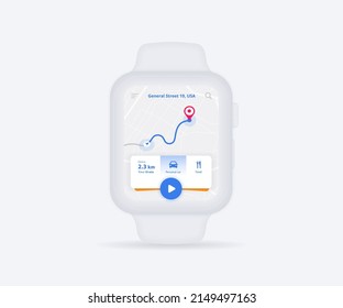 Smartwatch Map GPS navigation app ux ui, clock map fitness application, App search map wristwatch, Technology map, City navigate wrist, City street, gps tracking, Location tracker, Vector illustration