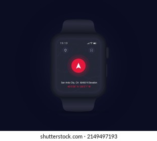 Smartwatch Map GPS navigation app ux ui, clock map fitness application, App search map wristwatch, Technology map, City navigate wrist, City street, gps tracking, Location tracker, Vector illustration