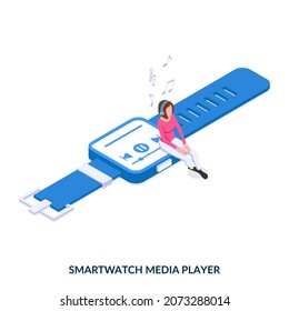 Smartwatch media player concept. Isometric vector illustration on white background.