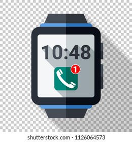 Smartwatch with missed call notification. Smart watch icon in flat style with long shadow on transparent background