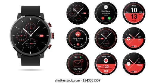 Smartwatch With Multiple smart watch clock faces using flat design to customize Vector Icons