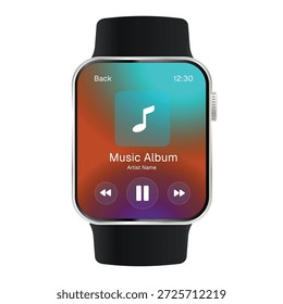interface do player de música smartwatch com controles de reprodução em fundo de gradiente colorido tecnologia wearable mídia e entretenimento app design vetor ilustração