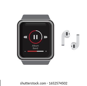 smartwatch music player with wireless earphone. realistic mockup template illustration editable vector isolated in white background