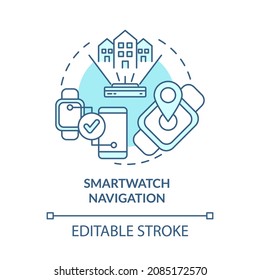 Smartwatch navigation blue concept icon. Devices to control public transport. Personal GPS gadgets abstract idea thin line illustration. Vector isolated outline color drawing. Editable stroke