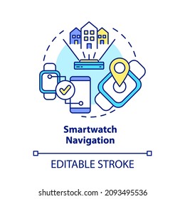 Icono de concepto de navegación por Smartwatch. Dispositivos para controlar el transporte público. Aparatos GPS personales abstractos de la idea en línea delgada. Dibujo de color de contorno aislado del vector. Trazo editable
