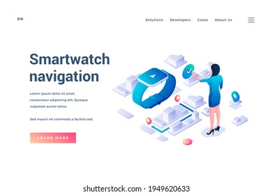 Smartwatch navigation. Landing page template. Woman uses map navigation app in smartwatches with gps tracker to navigate the city. Web banner. Isometric vector illustration