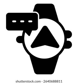 Smartwatch with navigation pointer and message solid icon, neural dataset concept. Vector graphics. Wearable electronics sign on white background, style mobile or design