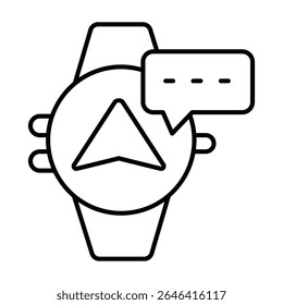 Smartwatch with navigation pointer and message thin line icon, neural dataset concept. Vector graphics. Wearable electronics sign on white background, style mobile or design
