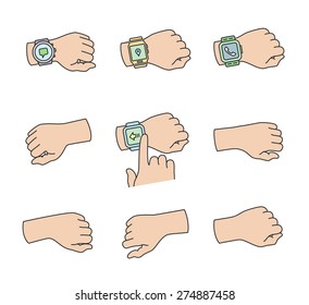 Smartwatch on a wrist icons. Vector illustrations