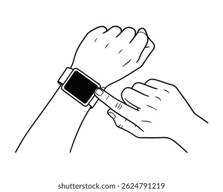 Smartwatch no pulso, desenho de linha. Usar o dispositivo na atividade diária