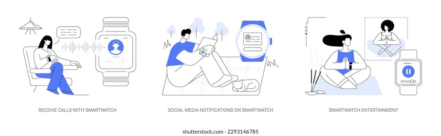 Smartwatch online communication abstract concept vector illustration set. Receive calls with smartwatch, social media notifications on wearable devices, entertainment with gadgets abstract metaphor.