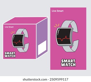 Smartwatch packaging design featuring a sleek, modern watch with a heart rate monitor on a vibrant purple background. Perfect for technology, wearable devices, and fitness product presentations