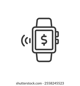 Smartwatch paying, icon in line design. Smart, watch, paying, payment, wearable, contactless, mobile on white background vector. Smartwatch paying editable stroke icon