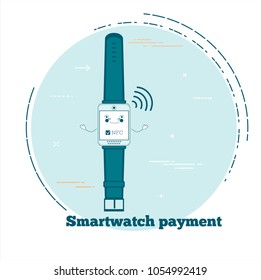 Smartwatch payment concept in line art style. Banking and finance, ecommerce service, business technology, retail and shopping. Smartwatch funny character vector illustration