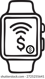 Icono de pago de Smartwatch. Tecnología usable con signo de dólar para pago sin contacto.