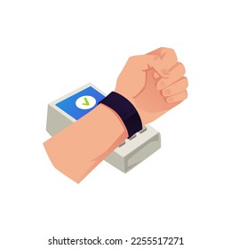Smartwatch payments for transport with NFC protocol, flat vector illustration isolated on white background. Public transport ticket validator NFC payments.