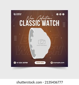 Smartwatch product post. New collection classic watches sales banner. Smart-watch social media posts with a dark background. Wrist Watch sale discount template. Clock business banner.