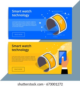 Smartwatch promo web banner ad. Wearable smart watch promotion advertisement layout. Mobile device with wireless technology. IOT appliance background. 