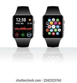 Smartwatch realistic on white background, technology electronic gadgets, wrist watch vector illustration.