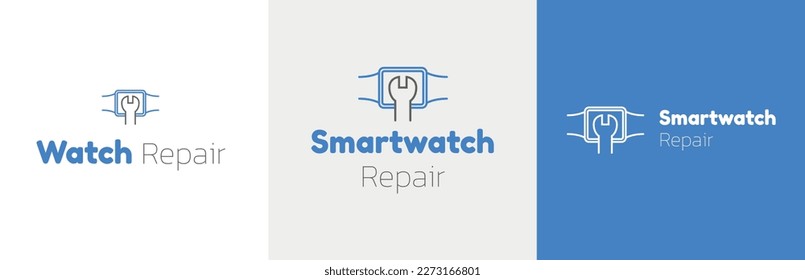 Smartwatch repair business logo design set, clock maker modern logotype symbol, watch repairing service emblem concept, time gadget editable commercial illustration, branding, brand identity isolated