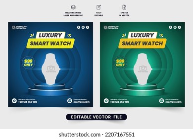 Smartwatch vendió una publicación de medios sociales vectorial con antecedentes azules y verdes. Diseño de banner web cuadrado promocional para reloj de pulsera. Ver plantilla de anuncio de tienda. Plantilla de venta de gadgets para marketing.