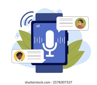 Smartwatch screen with microphone icon, speech bubbles showing messages, and illustrated avatars. Abstract background with leaves and modern style. Vector illustration