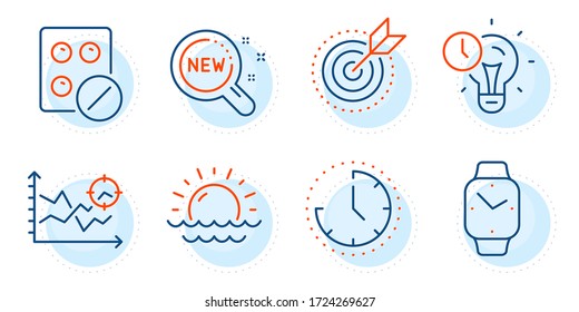 Smartwatch, Seo analysis and Time signs. Time management, Medical tablet and Target purpose line icons set. Sunset, New products symbols. Idea lightbulb, Medicine pill. Science set. Vector