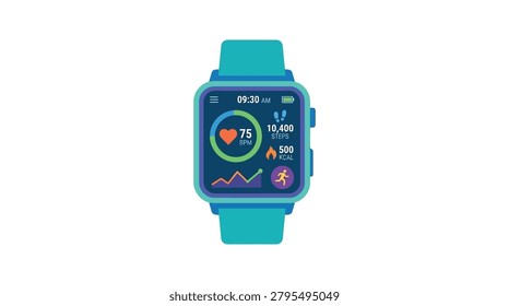 Smartwatch showing heart rate, steps, calories, and running icon. Time and fitness metrics.