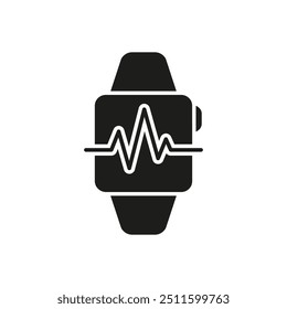 Smartwatch Silhouette Icon, Health Tracking And Fitness Monitoring Device With Heartbeat Symbol. Isolated Vector Illustration.