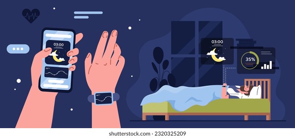 Smartwatch for sleep tracker concept. Man on smartphone looks at vital signs. Statistics and infographics. Healthy and active lifestyle and sports, fitness. Cartoon flat vector illustration