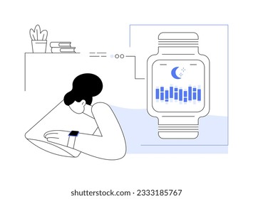 Smartwatch sleep tracking abstract concept vector illustration. Woman with smartwatch sleeping, pulse indicator on the screen, mobile technology, monitoring heart rate abstract metaphor.