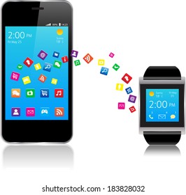Smartwatch and Smart phone with colorful Application Icons sharing 
