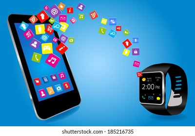 Smartwatch and Smart phone with colorful Application Icons sharing