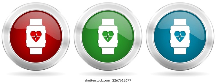 Smartwatch, smart watch, fitness vector icon set. Red, blue and green silver metallic web buttons with chrome border