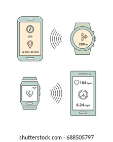 Smartwatch and smartphone communication. Smartphone sending message with GPS position to smartwatch. Vector illustration.