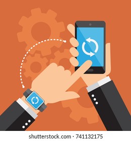 Smartwatch and smartphone synchronized. Vector illustration.