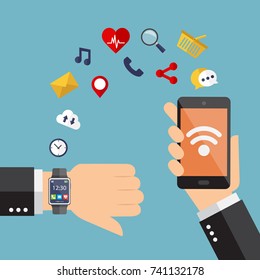 Smartwatch and smartphone synchronized. Vector illustration.