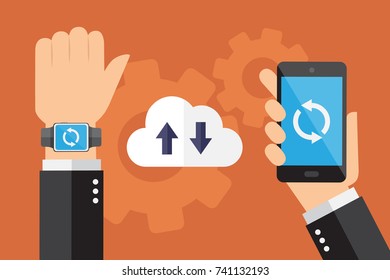 Smartwatch and smartphone synchronized. Vector illustration.