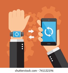 Smartwatch and smartphone synchronized. Vector illustration.