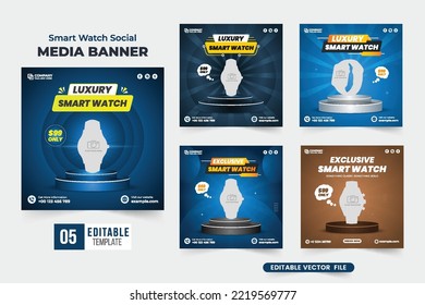 Smartwatch social media post template collection with blue and coffee colors. Clock business promotional web banner design bundle with podiums. Wristwatch sale template set vector for online marketing