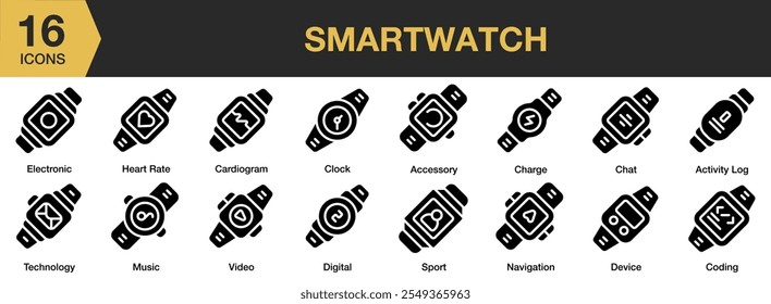 Smartwatch solid icon set. Includes smartwatch, clock, device, sport, digital, charge, chat, and More. Solid icons vector collection.