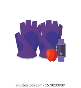 smartwatch sport with fingerless glove and apple vector illustration design