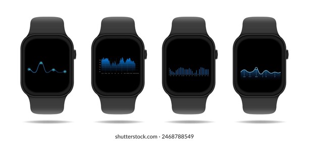 Smartwatch statistic display set. Fitness watch with data diagram.
