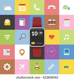 Smartwatch technology concept with icon background and flat design