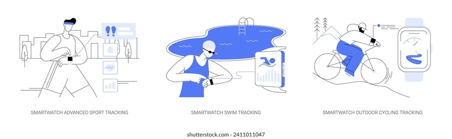 Smartwatch tracking features isolated cartoon vector illustrations set. Person checks running metrics on display, advanced settings, swimming time tracking, outdoor cycling app vector cartoon.